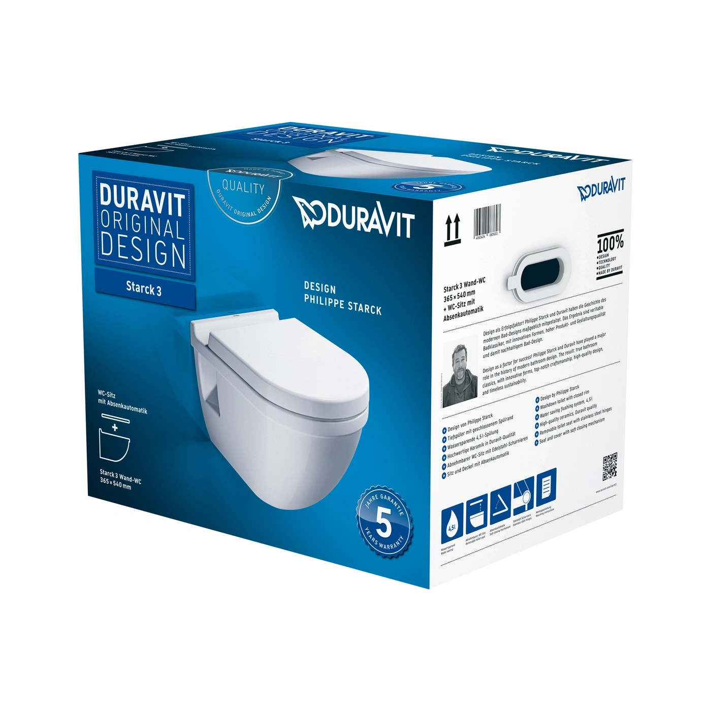 Duravit Starck 3 Wand-WC mit Absenkautomatik, Design Philippe Starck, 5 Jahre Garantie