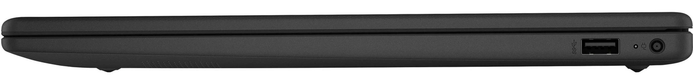 Seitenansicht eines schwarzen Laptops mit USB-Anschluss und Netzteilanschluss