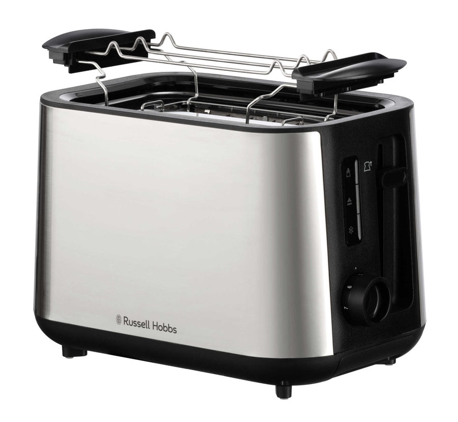 Ein Toaster mit Edelstahl-Design und schwarzen Akzenten, der bereit ist, Brot zu toasten.