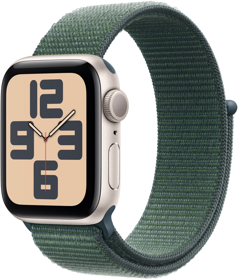 Apple Watch mit grünem Armband, Nahaufnahme, Zifferblatt, Uhrzeit