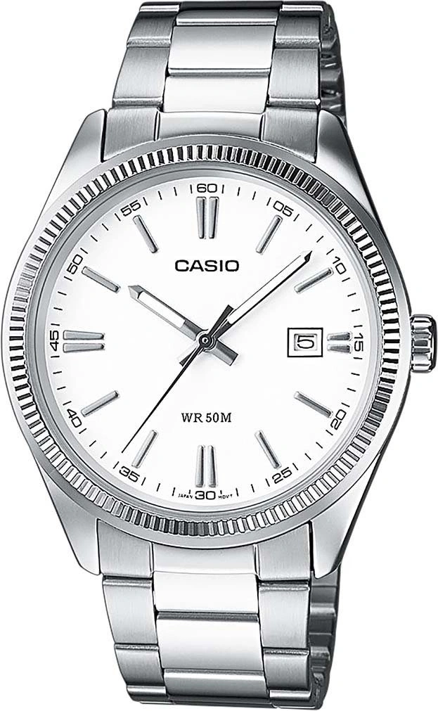 Silberne Casio Armbanduhr mit weißem Zifferblatt und Datumsanzeige