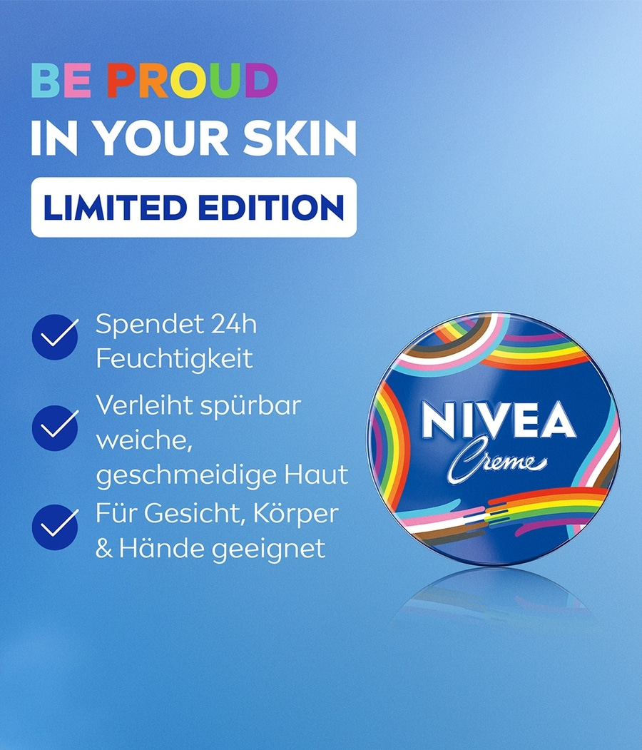 Nivea Creme Limited Edition mit Regenbogen-Design für stolzes Hautgefühl.