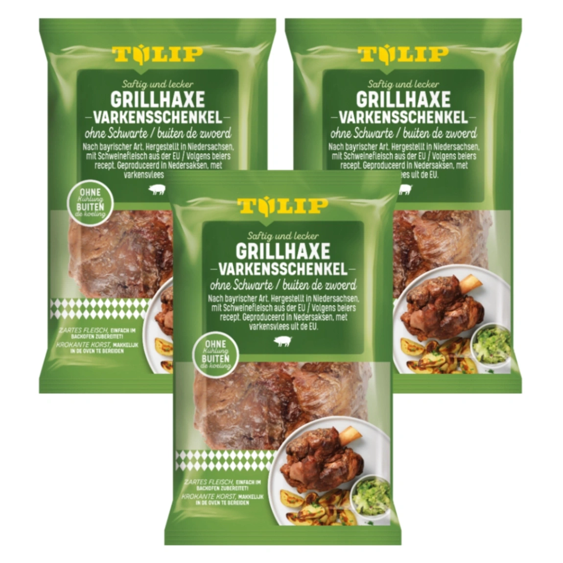 Drei Packungen Schweinefleisch mit Kartoffeln und Brokkoli.