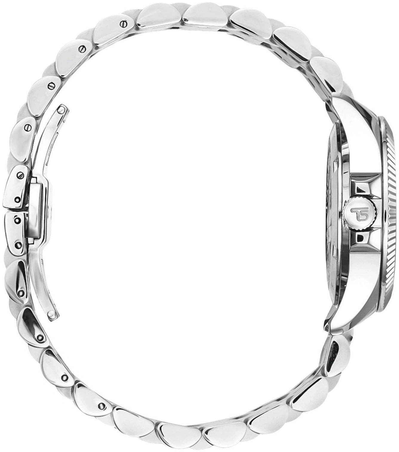 Eine Nahaufnahme einer silbernen Uhr mit einem Gliederarmband und einer Schnalle.