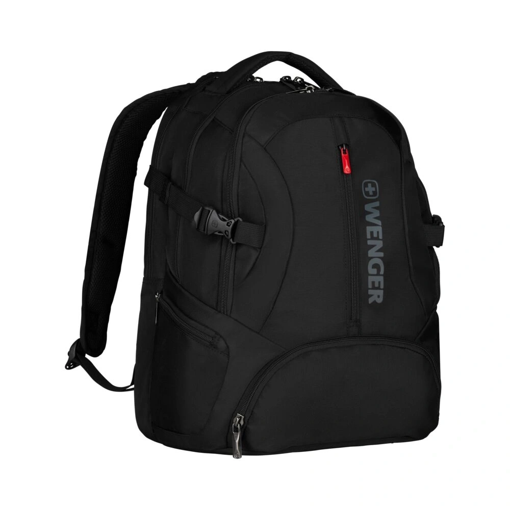 Schwarzer Rucksack von Wenger, mit mehreren Fächern und Trägern, für den täglichen Gebrauch.