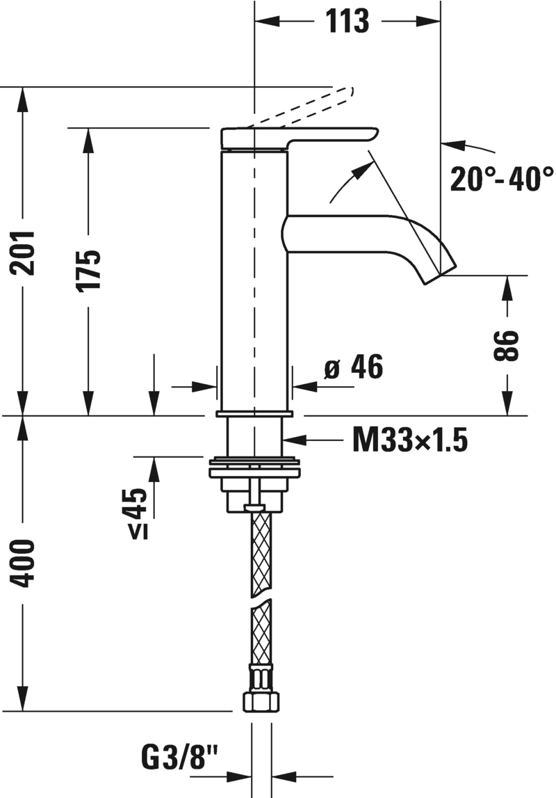 Wasserhahn mit Maßen: 201, 175, 400, 113, 86, Ø46, M33x1.5, G3/8", Winkel 20°-40°, ≤45