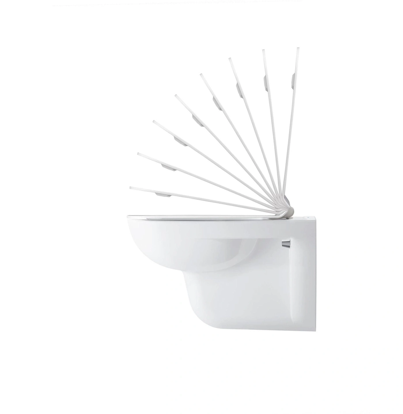 Weißer Toilettendeckel öffnet sich fächerförmig in der Luft.