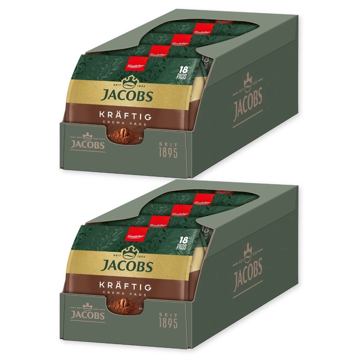 Zwei Kartons Jacobs Kräftig Crema Pads, Jacobs Kaffee, 18 Pads pro Karton.