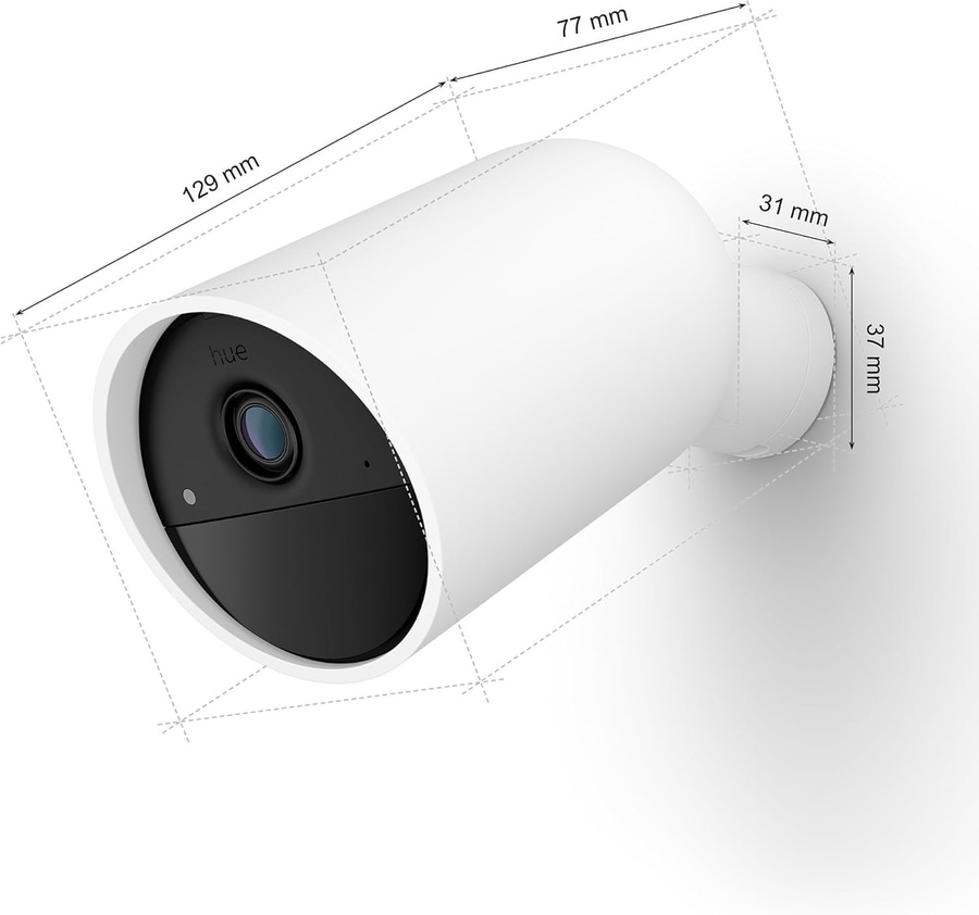 Kamera mit Abmessungen: 129 mm, 77 mm, 31 mm und 37 mm. Weißes Gehäuse.