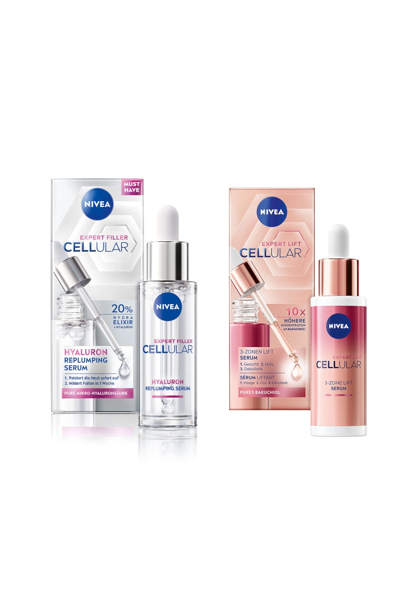 Nivea Cellular Expert Filler und Lift Serum Produkte mit Hyaluron und Bakuchiol.