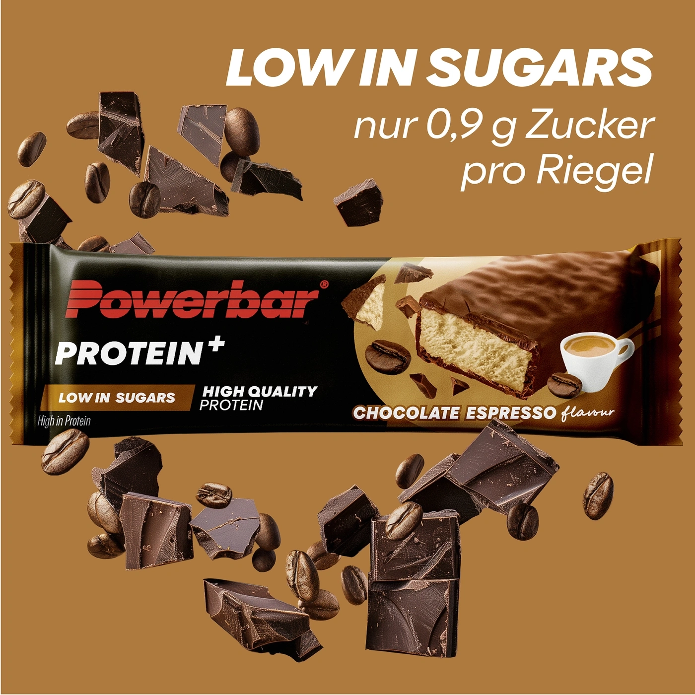 Powerbar Protein Riegel mit Schokolade und Kaffee, wenig Zucker
