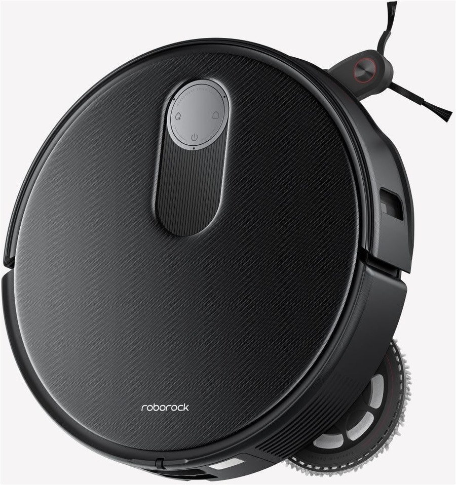 Schwarzer Roboter-Staubsauger mit runder Form und Bedienfeld, Roborock-Logo.