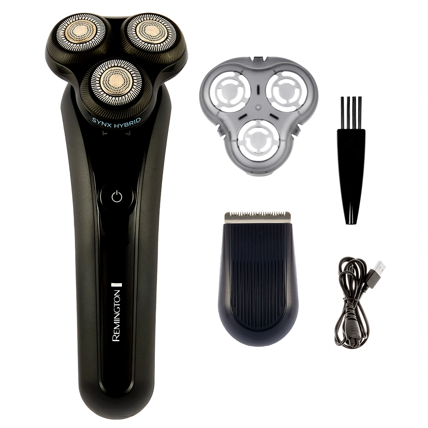 Schwarzer Rasierer mit Zubehör, Rasierer, Trimmer, Reinigungsbürste und Ladekabel.