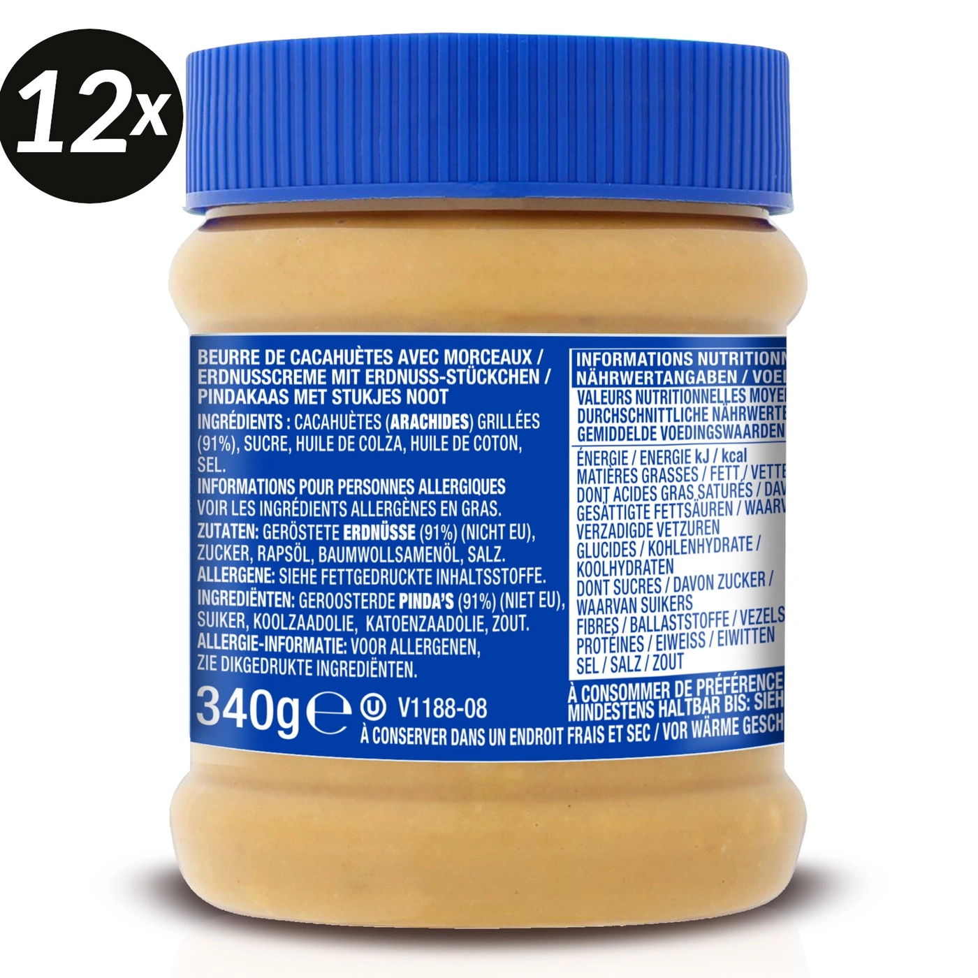 Erdnussbutter mit Stückchen, 340g, Zutaten, Allergie-Informationen, Nährwertangaben, Haltbarkeit
