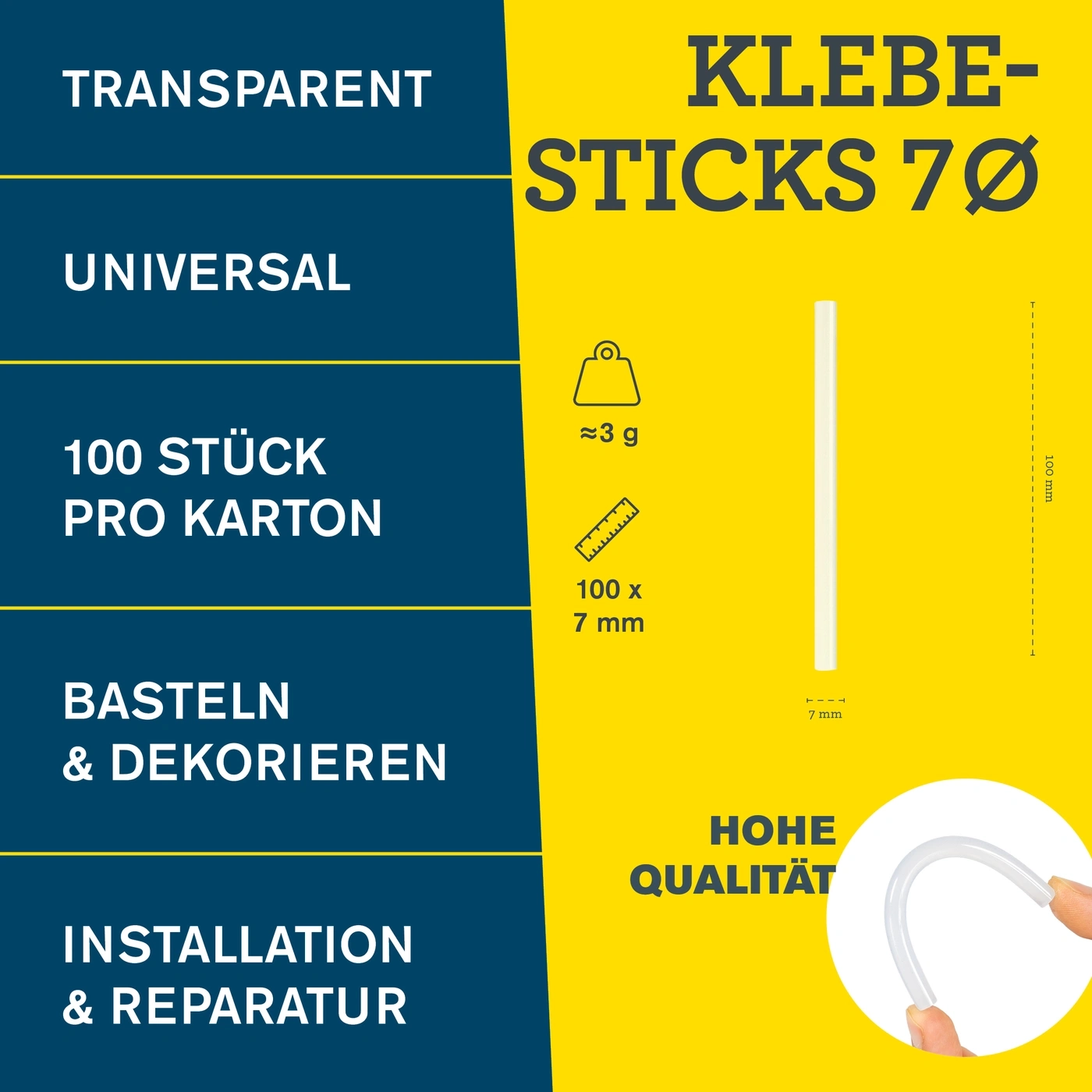 Klebesticks 7mm x 100mm, 3g, transparent, 100 Stück pro Karton, für Basteln, Installation und Reparatur, hohe Qualität.