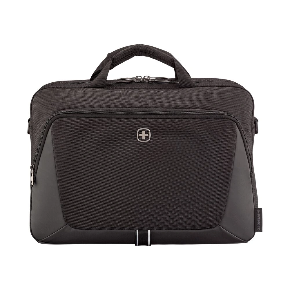 Schwarze Laptoptasche von Wenger mit silbernem Emblem und Tragegriff.