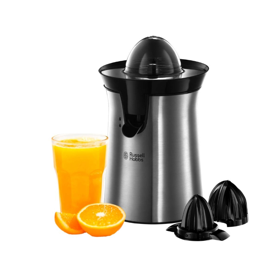 Orangenpresse mit Saft, Orangenstücken und Glas. Edelstahl-Design von Russell Hobbs.