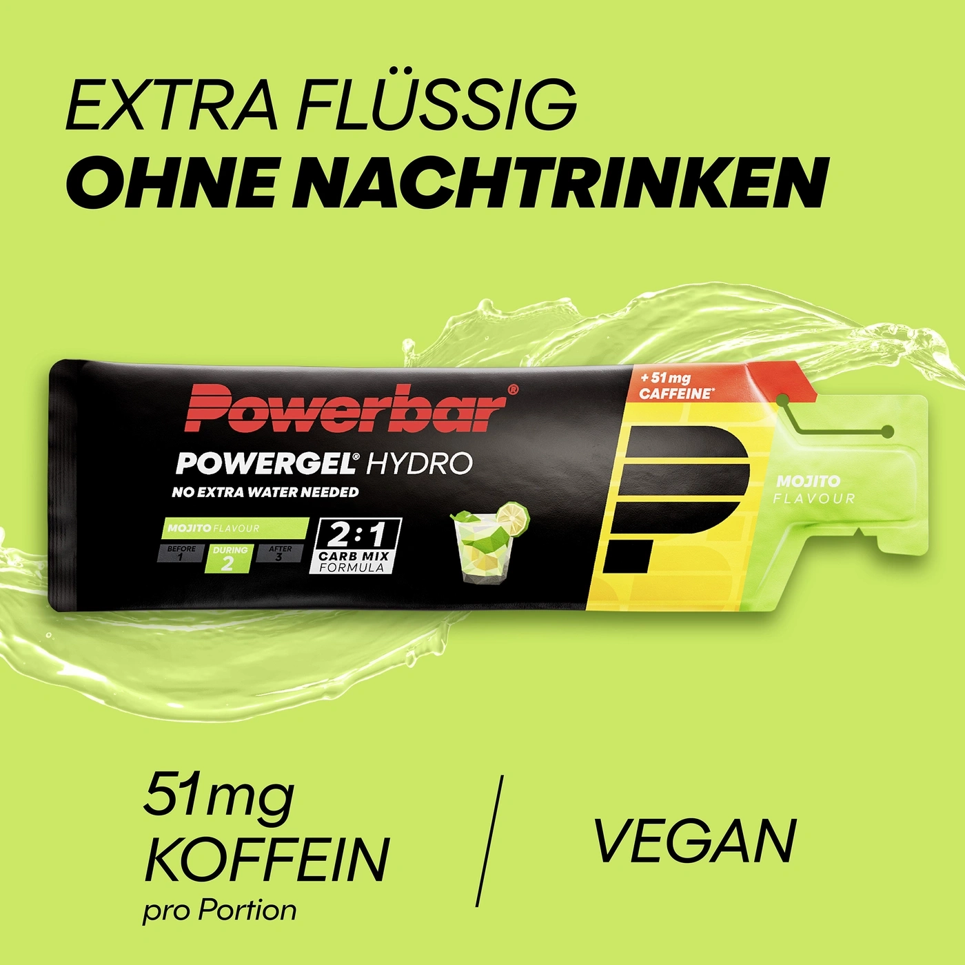 Powerbar Gel mit Koffein und Mojito Geschmack auf grünem Hintergrund