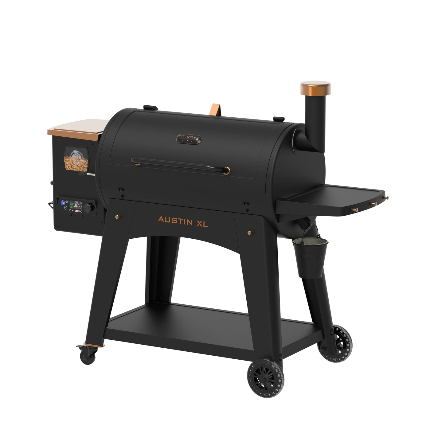 Schwarzer Grill mit Kupferdetails und "Austin XL"-Aufschrift