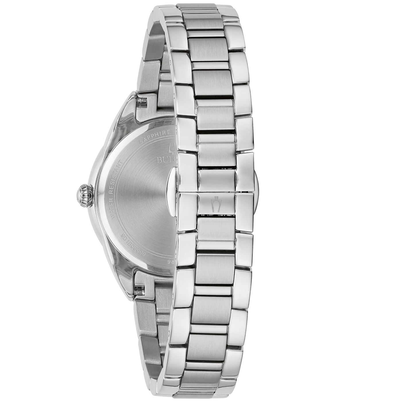 Rückseite einer silbernen Herrenuhr mit Metallarmband und Gravur