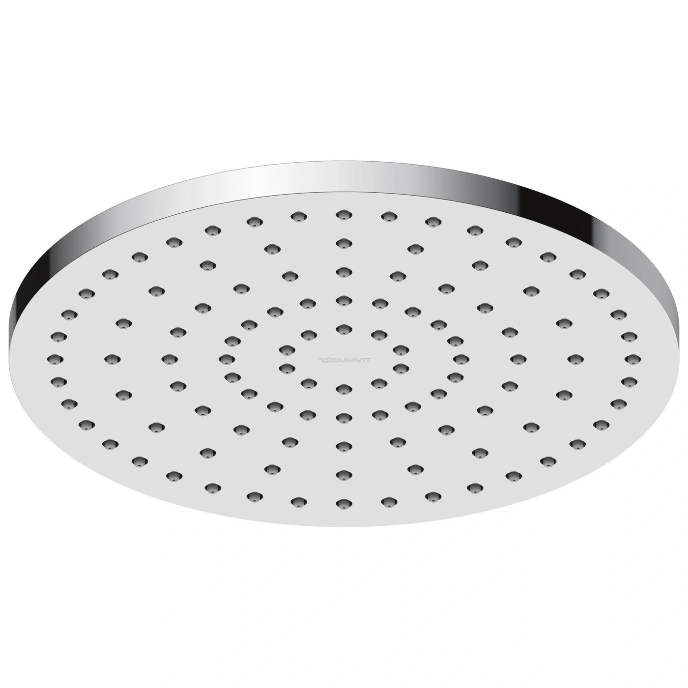 Runde, silberne Duschbrause mit vielen kleinen Löchern für Wasser.