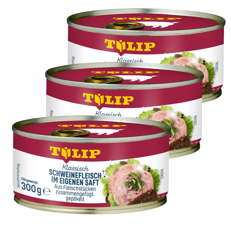 Drei Dosen Tulip Schweinefleisch in eigenem Saft, klassisch, 300g, gepökelt.