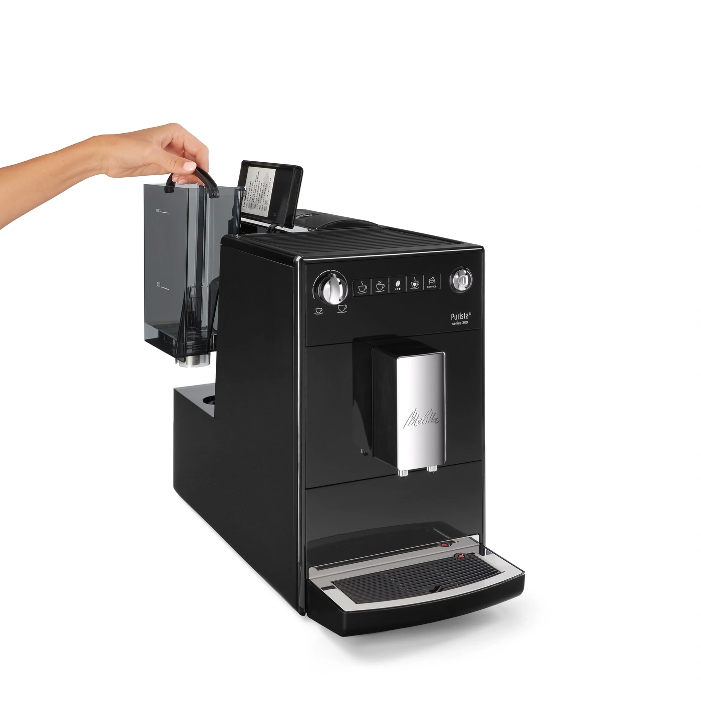 Schwarze Kaffeemaschine mit Wassertank, Melitta Purista, Bedienfeld und Tasse-Symbolen.