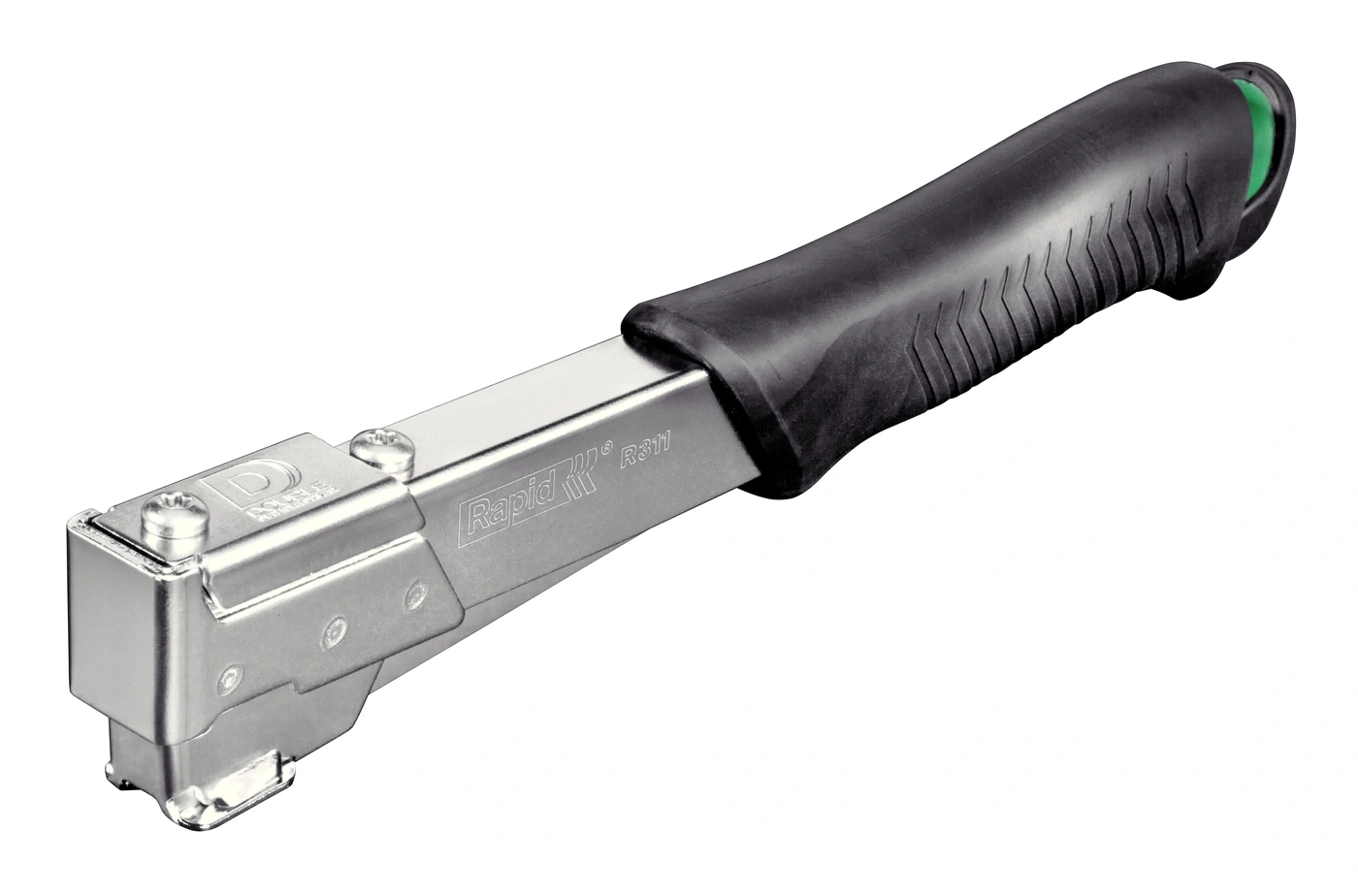 Ein Rapid R311 Tacker mit schwarzem Griff und grüner Kappe.