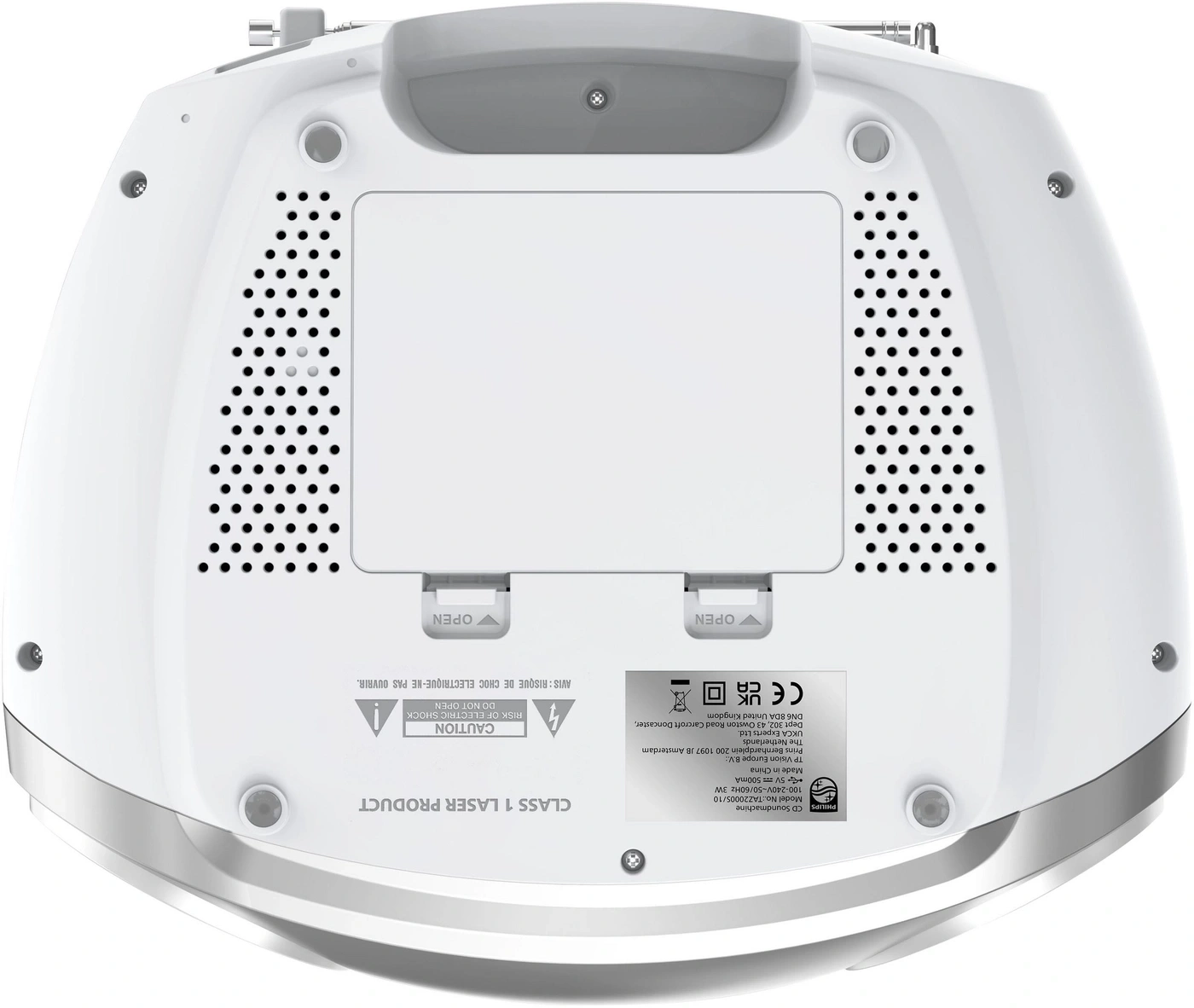 Unterseite eines weißen Philips CD Soundmachine mit Lüftungsschlitzen und Hinweisschildern.