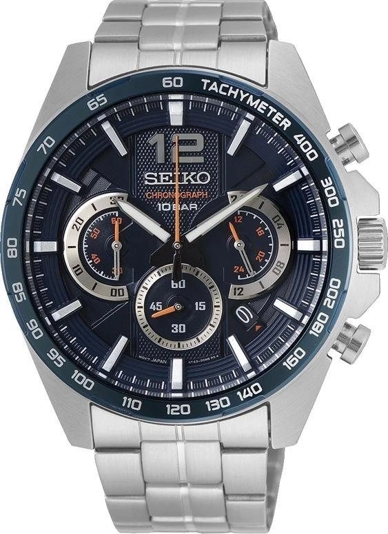 Seiko Herrenuhr mit blauem Zifferblatt und Tachymeterskala