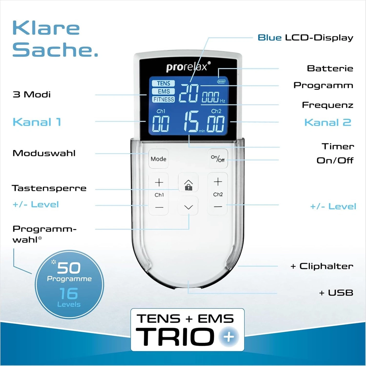 Prorelax TENS + EMS Trio Gerät mit Funktionen wie Modi, Kanal, Timer und mehr.