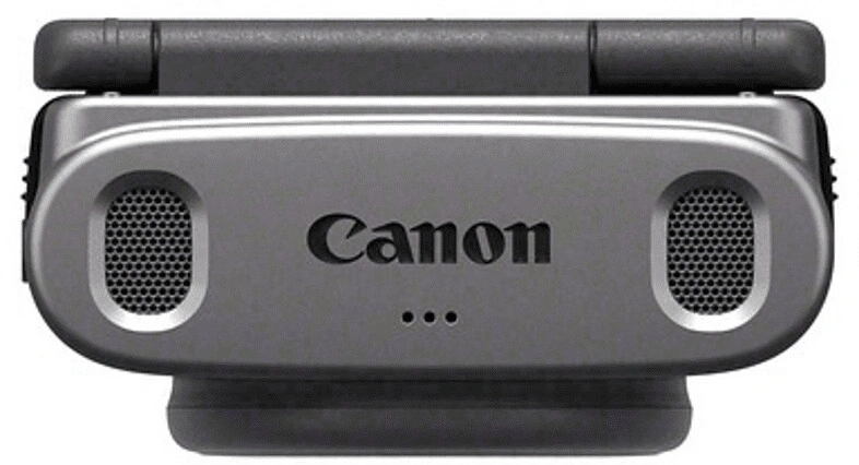 Canon-Mikrofon mit zwei Gittern und Logo.