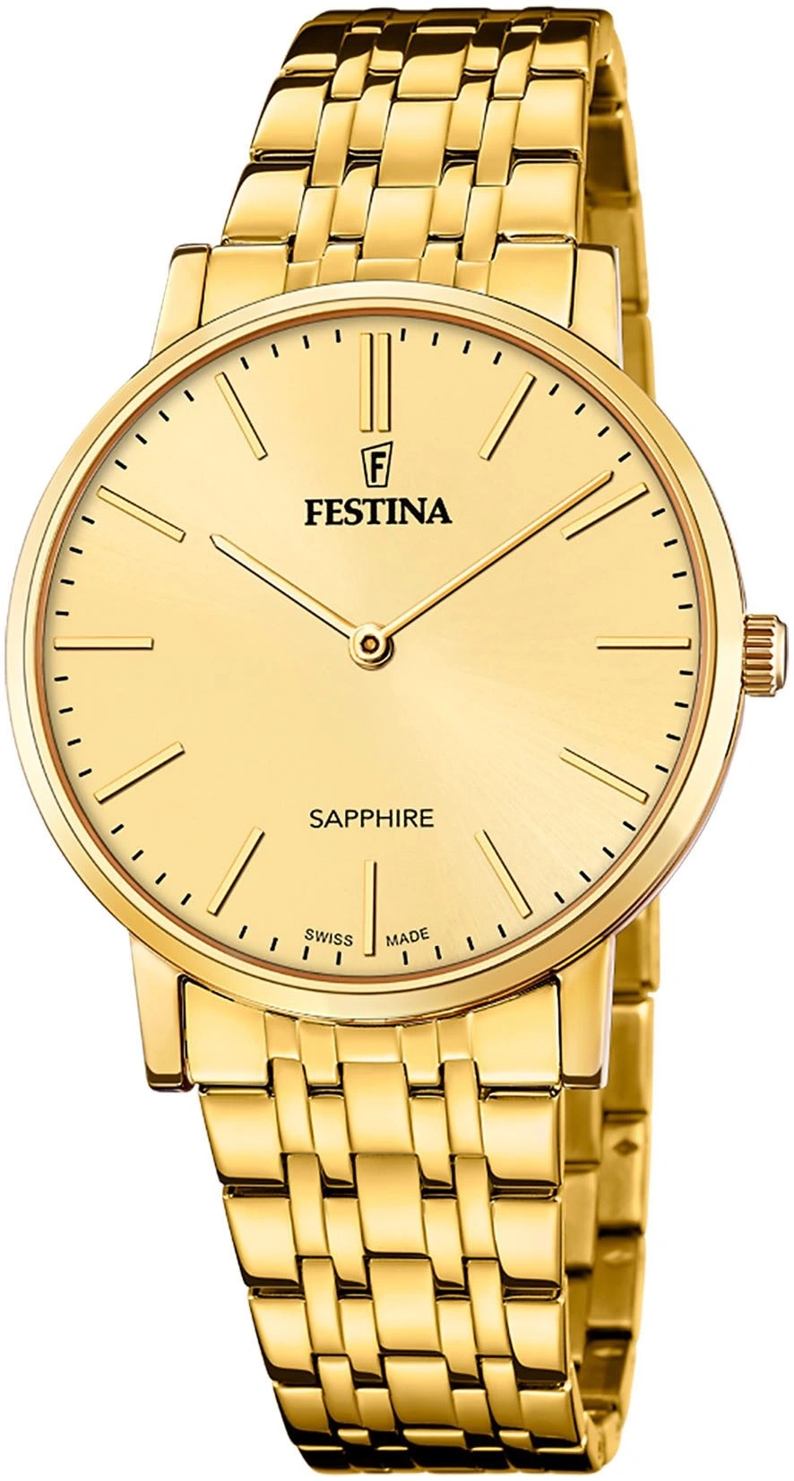 Eine goldene Festina-Uhr mit einem schlichten Zifferblatt und einem stilvollen Armband.