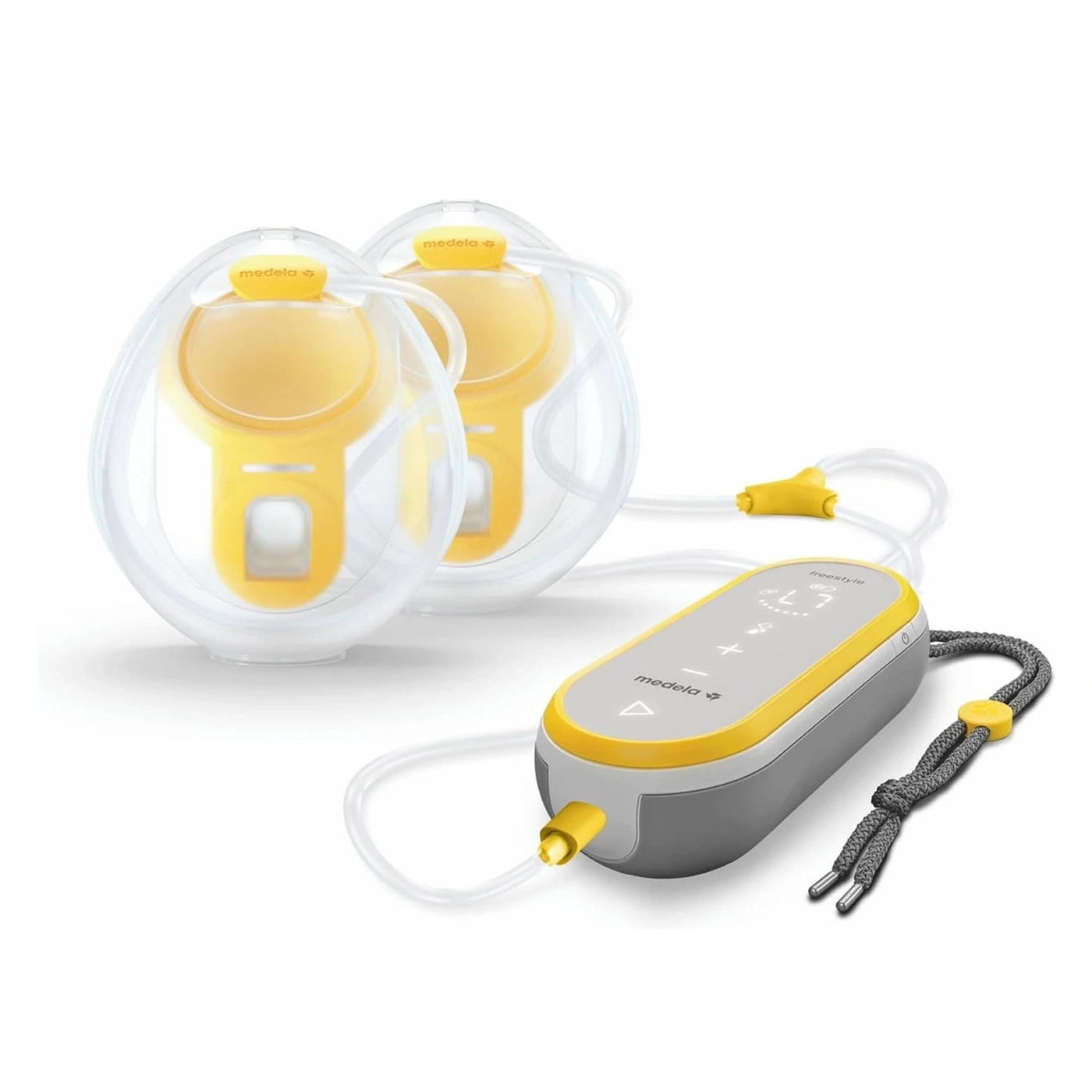 Medela Freestyle Brustpumpe, gelb und grau, mit Zubehör, Nahaufnahme, weißer Hintergrund.