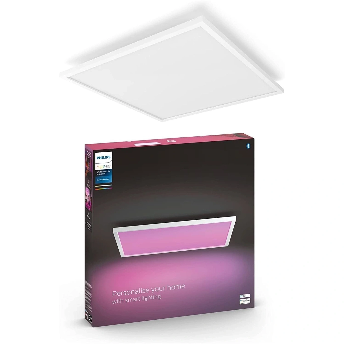 Weiße Deckenleuchte mit pinker Beleuchtung und Philips Hue Smart Lighting Verpackung.