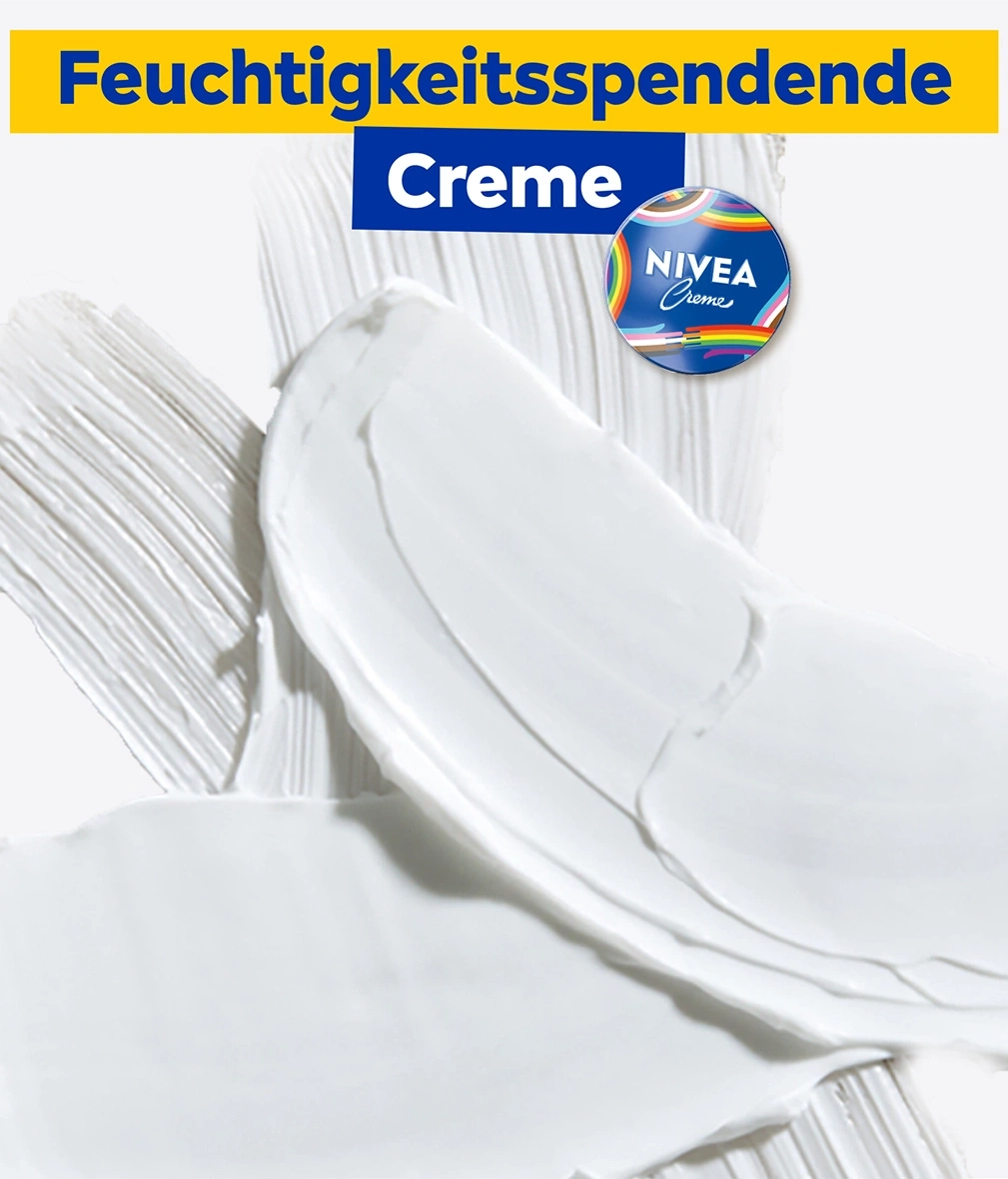 Feuchtigkeitsspendende Creme von Nivea mit Regenbogen-Logo auf weißem Hintergrund