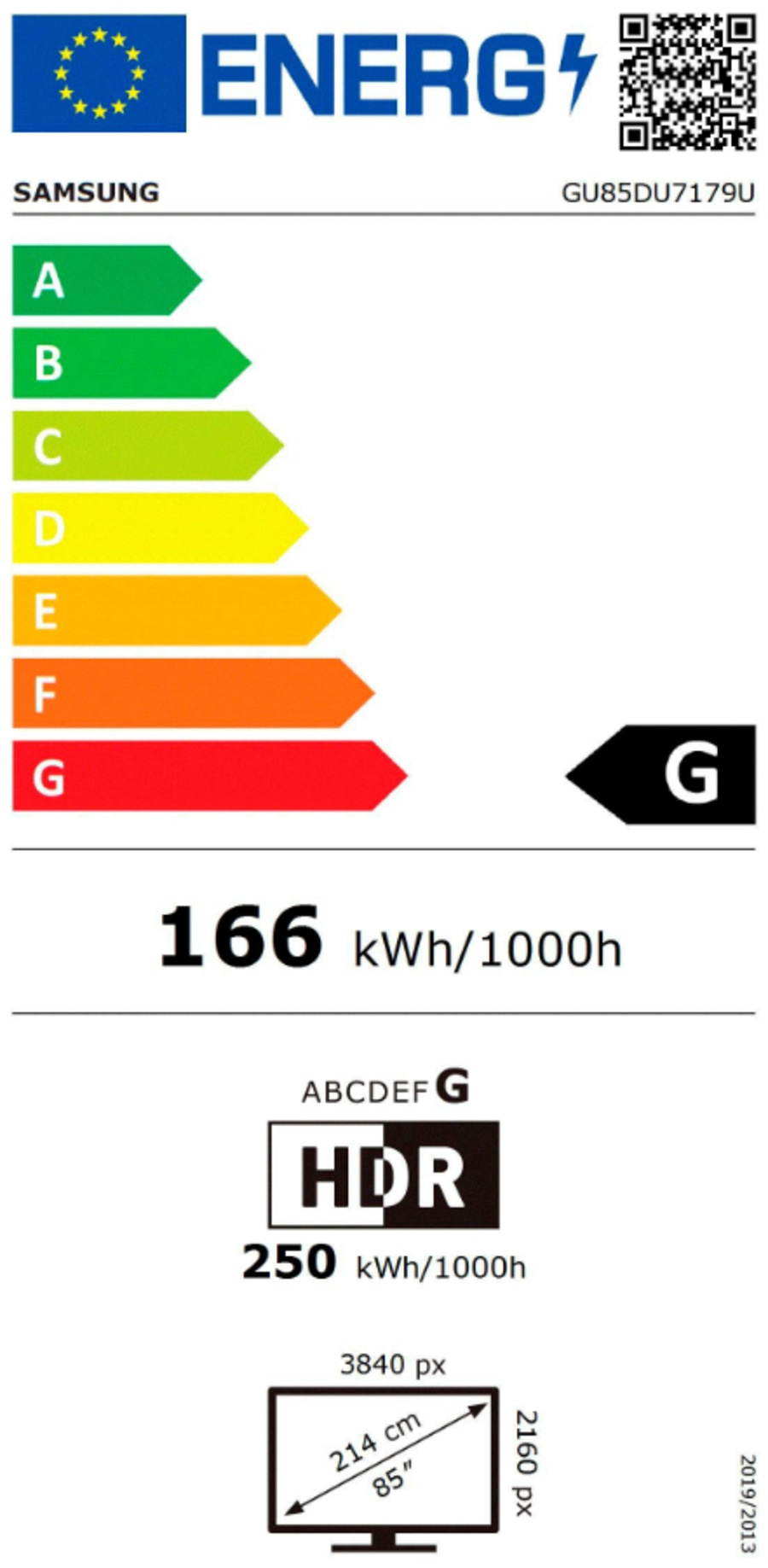 Energieeffizienzlabel für Samsung Fernseher, Energieklasse G, 166 kWh/1000h, HDR