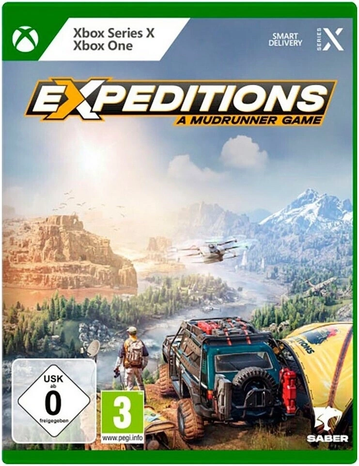 Xbox Spiel "Expeditions: A Mudrunner Game" mit Geländewagen und Drohne