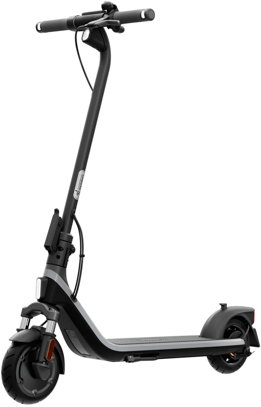 Schwarzer Elektroroller mit grauen Akzenten und weißen Lichtern auf weißem Hintergrund.