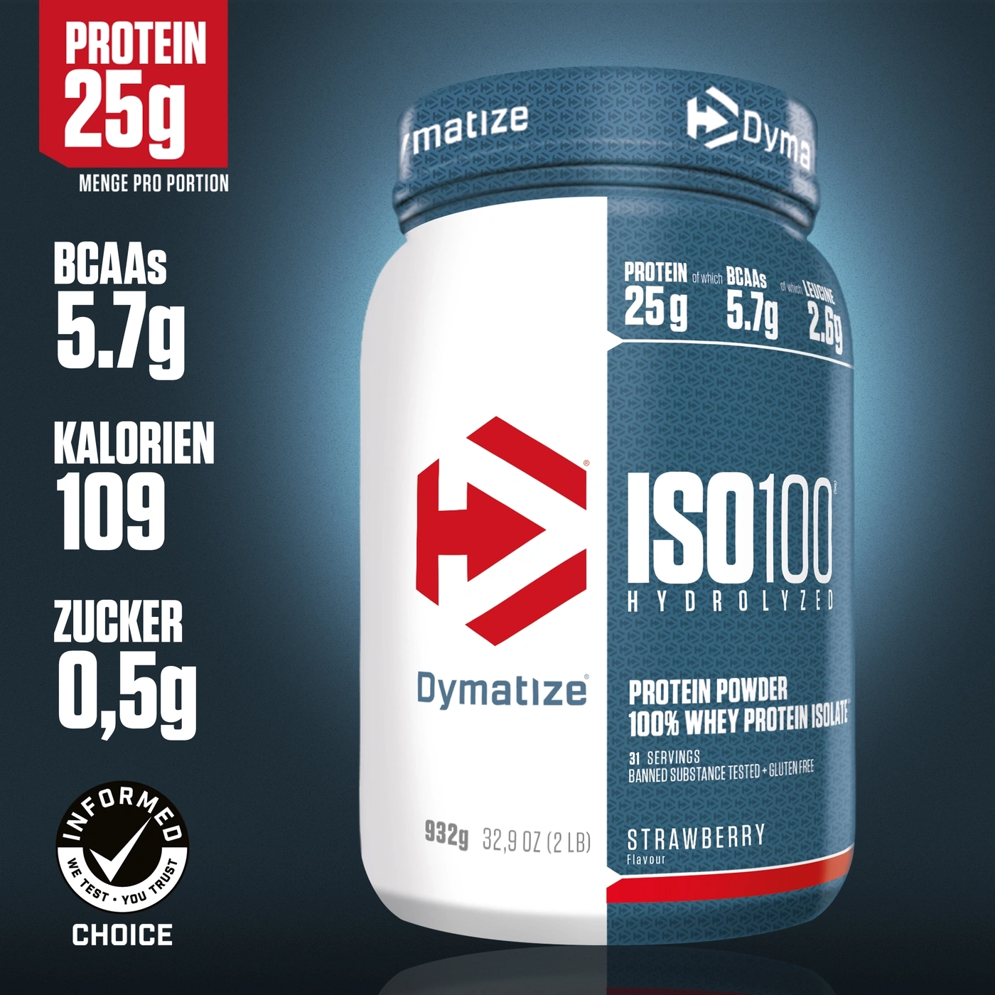 Dymatize ISO100 Protein-Pulver, Erdbeergeschmack, 25g Protein pro Portion, 932g Dose