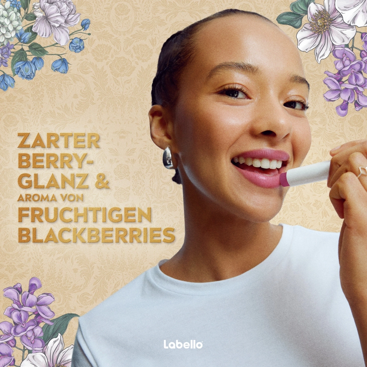Frau mit Lippenstift und Blumen, Labello Produktwerbung