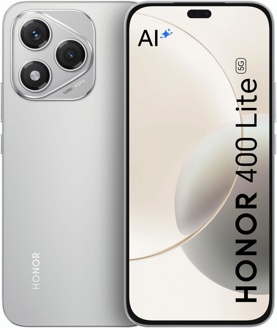 Honor 400 Lite 5G Smartphone mit KI-Kamera und silbernem Gehäuse