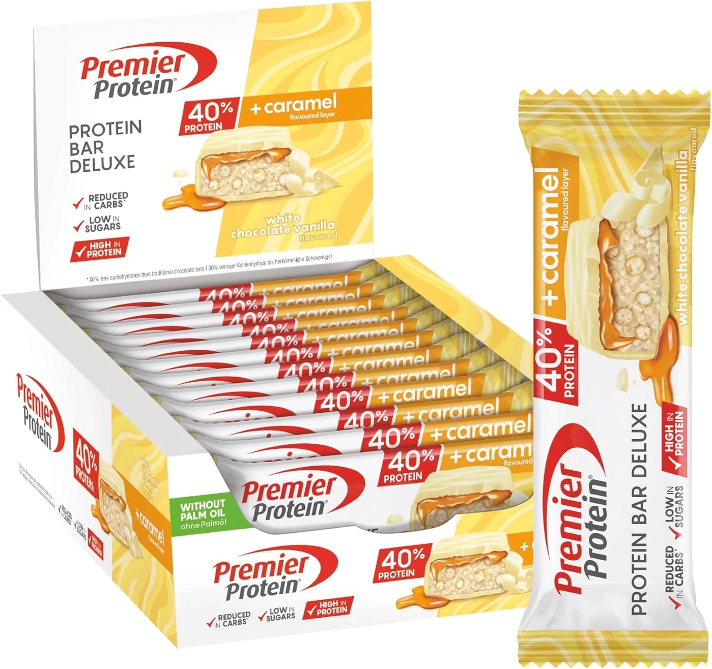 Premier Protein Riegel "White Chocolate Vanilla" mit Karamell, 12 Stück