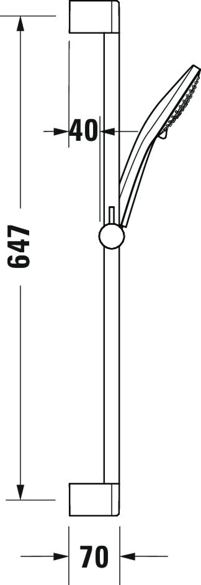 Duschstange mit Maßen: 647mm hoch, 70mm breit, 40mm Abstand.