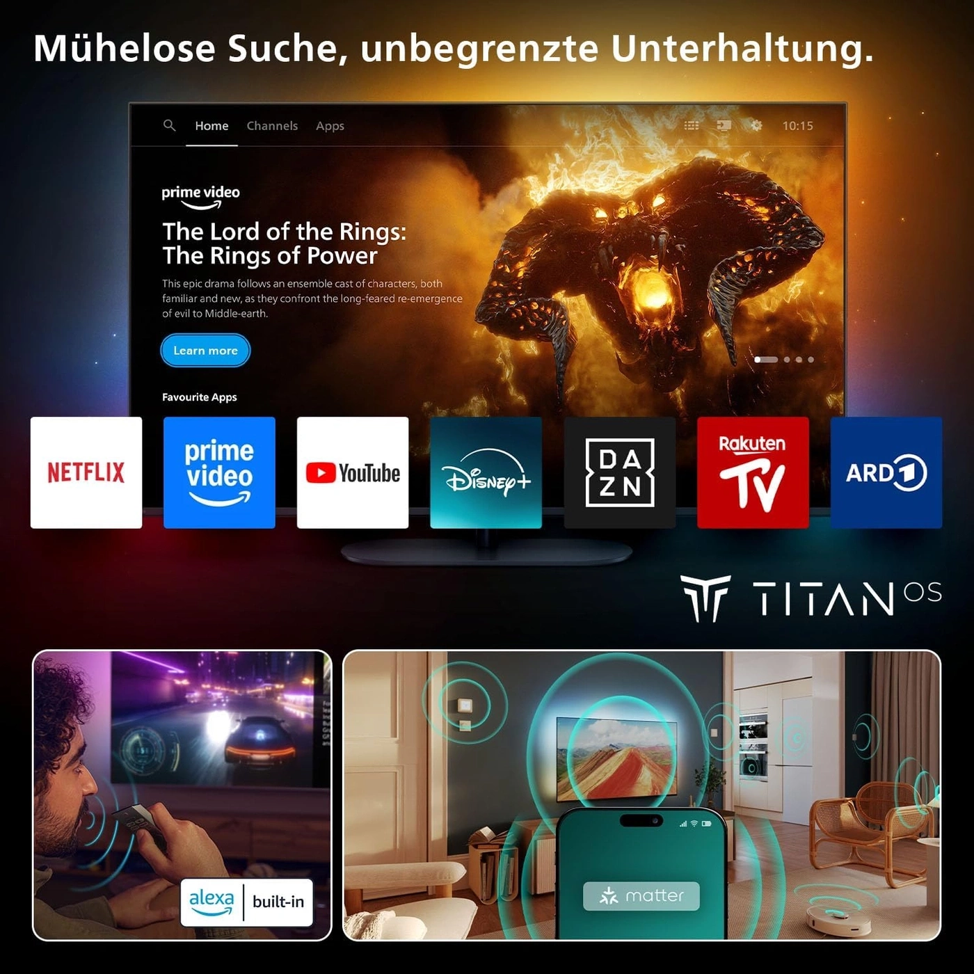 Smart-TV mit verschiedenen Apps und Sprachsteuerung