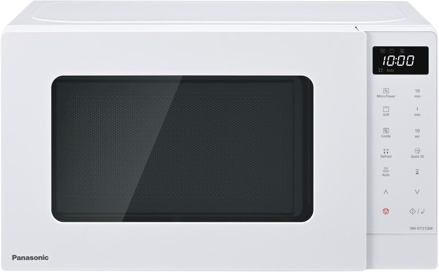 Weißer Panasonic Mikrowellenherd mit digitaler Anzeige und verschiedenen Kochfunktionen.