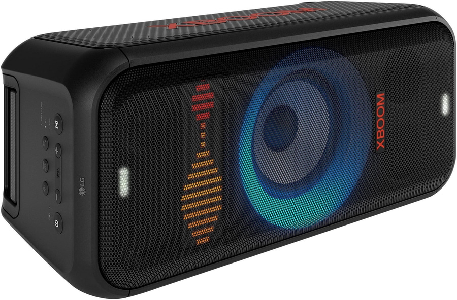 Schwarzer LG XBOOM Lautsprecher mit Lichteffekten und Bedienelementen