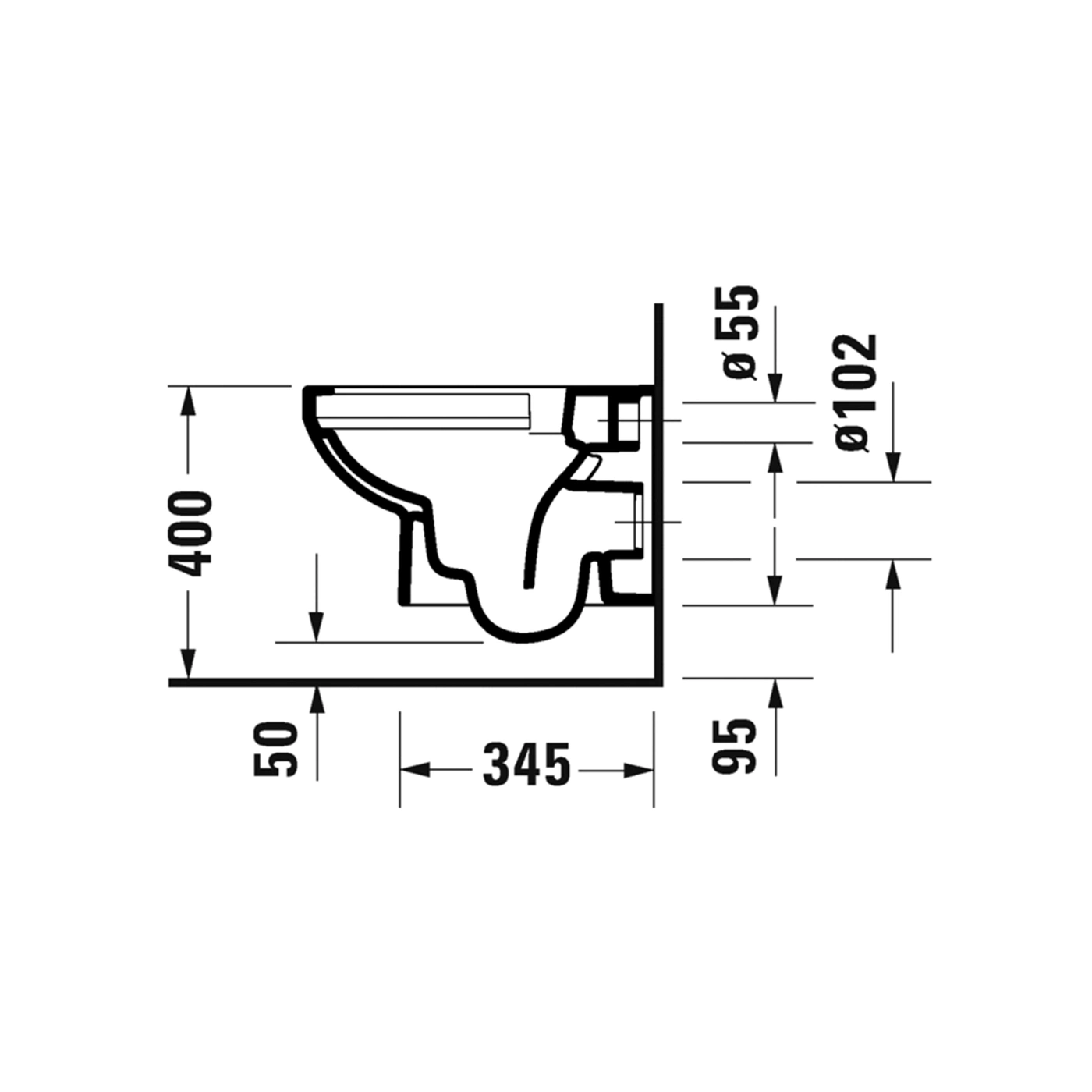 Technische Zeichnung eines Wand-WC mit Maßen in Millimetern.