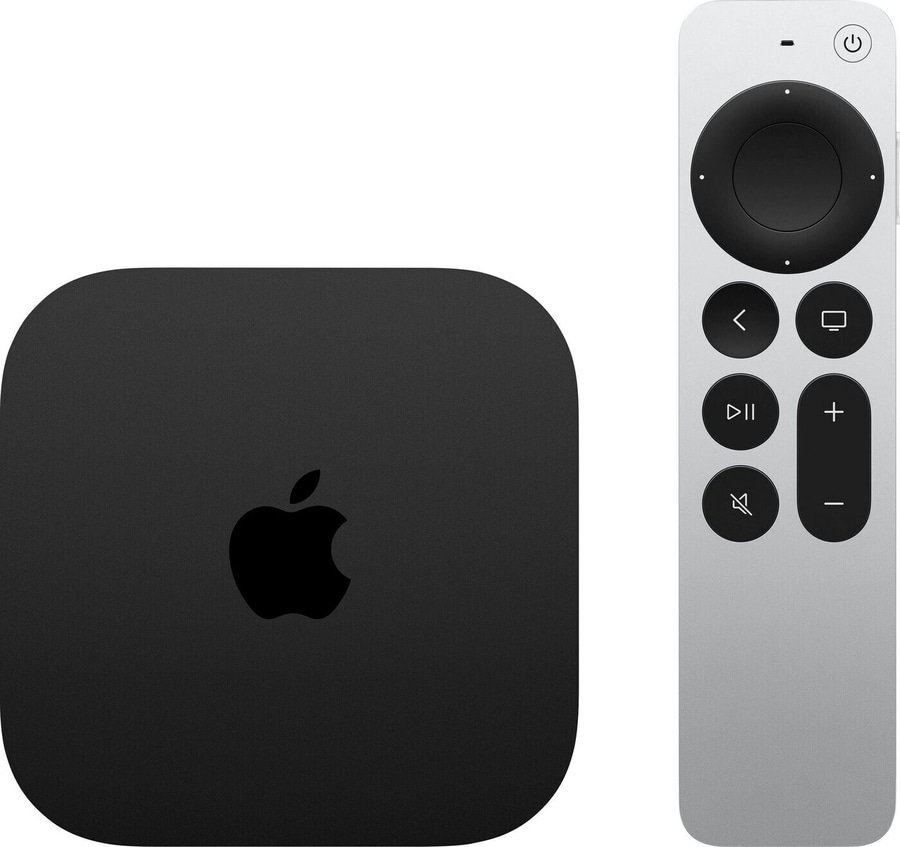 Apple TV und Fernbedienung, schwarz und silber, modernes Design