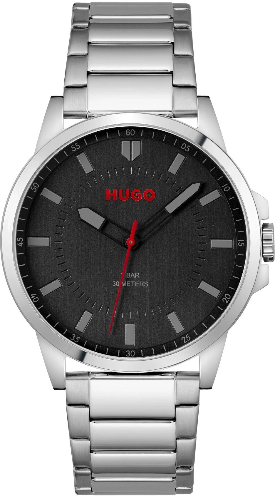 Herrenuhr mit silbernem Armband und schwarzem Zifferblatt